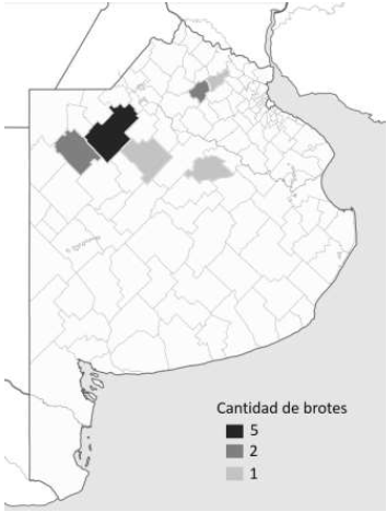 Figura 1. Partidos de la provincia de Buenos Aires y donde se registraron brotes de anaplasmosis bovina y frecuencia.
