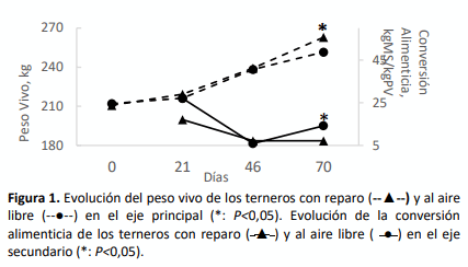 Figura 1. Evolución del peso vivo de los terneros con reparo (--▲--) y al aire libre (--●--) en el eje principal (*: P< 0,05). Evolución de la conversión alimenticia de los terneros con reparo ( ▲ ) y al aire libre ( ● ) en el eje secundario (*: P< 0,05).