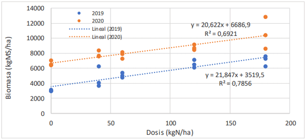  Figura 1. Efecto de la dosis de nitrógeno (kgN/ha) sobre la biomasa acumulada en los tres cortes (kgMS/ha) para el año 2019 y 2020.