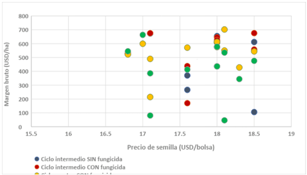 Grafico 5: Relación margen bruto/ precio de semilla de trigo de ciclo intermedio y corto con y sin aplicación de funguicida