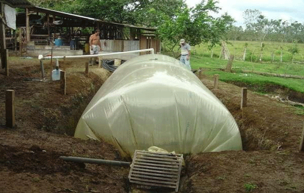 FIGURA 2. Biodigestor en bolsa doble o triple de polietileno de bajo costo, modelo Taiwán, recién instalado (aún sin caseta, techo, ni cerca periférica), operando en una finca familiar.