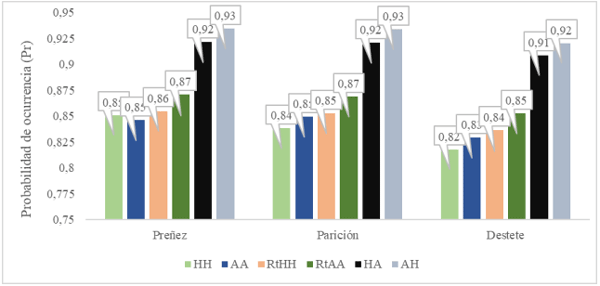 Figura 1. Probabilidad de ocurrencia (p< 0,01) de preñez, parición y destete en genotipos puros, cruzas F1 y retrocruzas entre las razas Angus y Hereford.