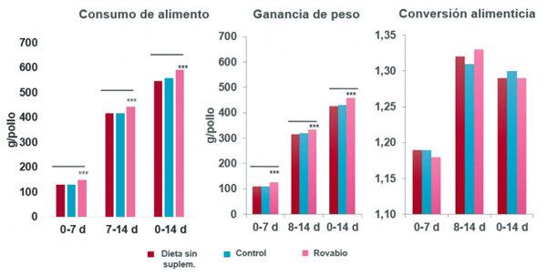 Figura 4: Rovabio® aumentó los niveles de ácidos grasos de cadena corta, especialmente ácidos acético y butírico, en pollos de engorde el día 14.