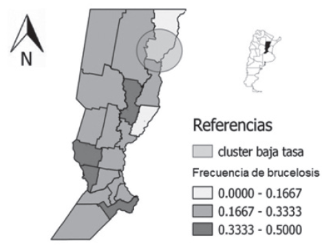 Figura 2: Mapa coroplético del agrupamiento de baja tasa y la frecuencia de veterinarios que sufrieron brucelosis en la Provincia de Santa Fe (n= 464).