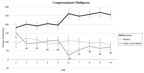 Figura 1: Evolución del tiempo dedicado al pastoreo, rumia y otras actividades durante las diez semanas postparto (SPP) tanto para vacas primíparas (arriba) como multíparas (abajo).