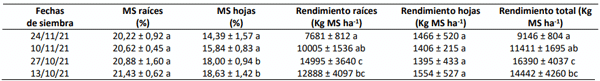 Tabla 1. Variables productivas de diferentes fechas de siembra de remolacha forrajera. Media y error estándar. Letras distintas indican diferencias significativas (Test LSD; P< 0,05).