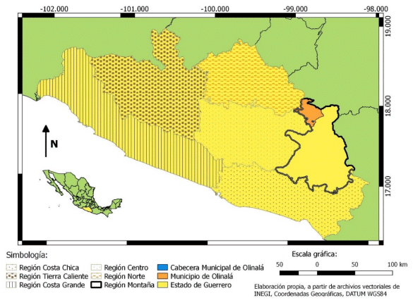 Figura 1. Regiones del estado de Guerrero, ubicación del Municipio de Olinalá y su cabecera municipal.