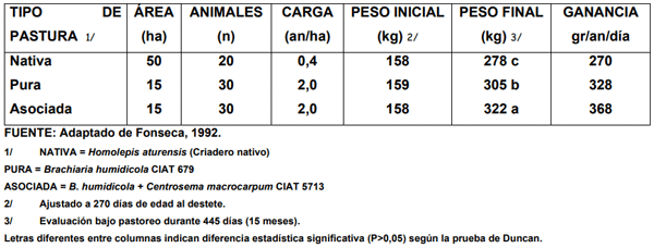 CUADRO 4. GANANCIAS DE PESO DE NOVILLAS CEBÚ COMERCIAL, DESDE EL DESTETE HASTA ALCANZAR EL PESO DE EMPADRE, EN TRES TIPOS DE PASTURAS. HDA. LA RUEDA, FONDO GANADERO DEL VALLE DEL CAUCA. PIEDEMONTE AMAZÓNICO DEL CAQUETÁ, COLOMBIA.