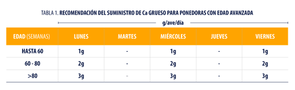 TABLA 1 RECOMENDACION DEL SUMINISTRO DE Ca GRUESO PARA PONEDORAS CON EDAD AVANZADA