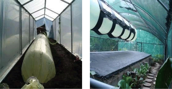 FIGURA 6. Modelos de casetas para la protección de los biodigestores plásticos del tipo Taiwán y para muy diversas opciones adicionales de uso. FUENTE: Raúl Botero Botero, 2015.