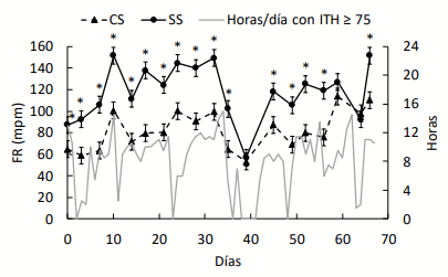 Figura 1. Medias ± error estándar (EE) de la frecuencia respiratoria (FR) en vaquillonas con sombra (CS; n = 6) y sin sombra (SS; n = 6), y cantidad de horas diarias con un ITH ≥ 75. Los asteriscos indican diferencias entre CS y SS dentro de cada día de medición (Test de Tukey; *, P < 0,05). 