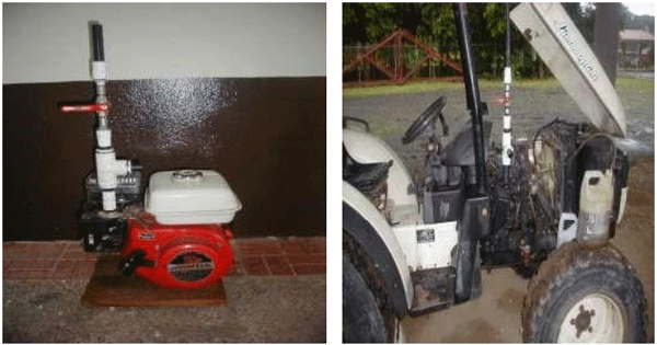 FIGURA 9. Motor estacionario a gasolina y motor diesel de un tractor de jardín evaluados con biogás filtrado y sin presión, como combustible. FUENTE: F.A. Carmona; J. E. Orozco; R. Botero y C. Hernández, 2004.