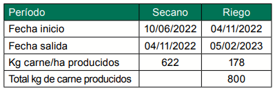 Cuadro 4 - Estimación de la producción de carne sobre la pradera regada el primer año (período 10/06/2022 - 05/02/2023).