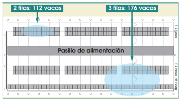 Figura 10. Con tres filas de cubículos no hay suficiente espacio de comedero