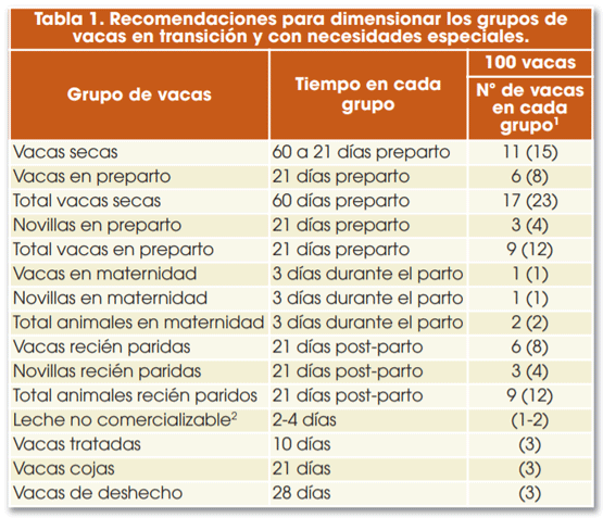 Tabla 1. Recomendaciones para dimensionar los grupos de vacas en transición y con necesidades especiales.