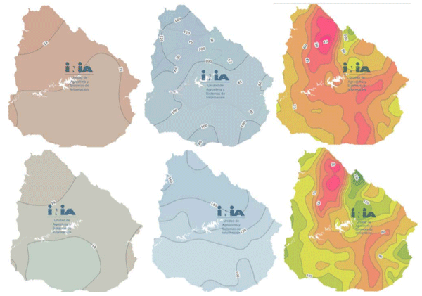 Figura 4 - Temperatura, precipitaciones y agua disponible en el suelo promedio de 30 años (http://sig.inia.org.uy/). (Marzo arriba y abril abajo, correspondientes a la fecha de siembra tardía o tradicional).