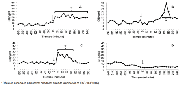 Figura 3. Perfil de GH en becerras representativas de cuatro tipos de respuesta a una aplicación intravenosa de KISS-10 (flecha). A: respuesta durante la mayor parte del periodo posterior a KISS-10. B: respuesta tardía, registrada durante las últimas horas (2 a 4) del periodo post KISS-10. C: respuesta temprana, durante las primeras 2 horas post KISS-10. D: sin respuesta