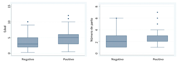 Figura 1. Diagrama de caja y bigotes de la dispersión de la edad y número de parto de bovinos seropositivos y negativos a rinotraqueitis infecciosa bovina de la provincia de Parinacochas, Ayacucho, según la prueba de ELISA Indirecta