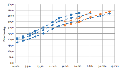 Gráfico 5. Evolución del peso vivo desbastado medio hasta el momento de venta de los animales cabeza (cuadrado azul), cuerpo (círculo azul) y cola (rombo azul) de ingreso otoñal, y del grupo cabeza (triángulo naranja) y cola (círculo naranja) de los animales de recarga primaveral.
