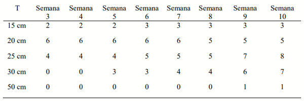 Cuadro 1. Número de estacas brotadas por tratamiento desde la semana 3 hasta la semana 10.