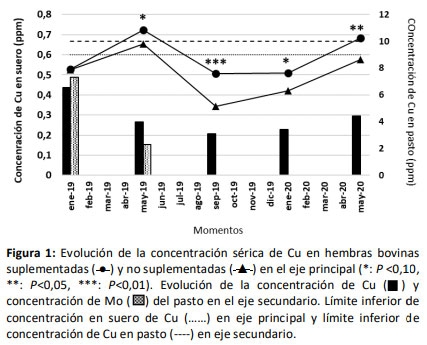 Figura 1: Evolución de la concentración sérica de Cu en hembras bovinas suplementadas ( ● ) y no suplementadas ( ▲ ) en el eje principal (*: P < 0,10, **: P< 0,05, ***: P< 0,01). Evolución de la concentración de Cu ( ) y concentración de Mo ( ) del pasto en el eje secundario. Límite inferior de concentración en suero de Cu (……) en eje principal y límite inferior de concentración de Cu en pasto (----) en eje secundario.