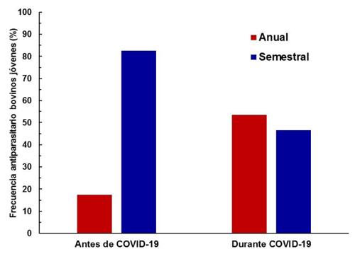 Figura 3. Frecuencias relativas del uso de desparasitante en bovinos jóvenes del rebaño lechero, antes de la pandemia del COVID-19, y durante ella, en la provincia de Santo Domingo de las Tsáchilas Fuente: elaboración propia