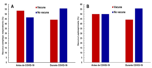 Figura 2. Frecuencias relativas de vacunación contra el complejo respiratorio (A) y la leptospirosis (B) en el rebaño lechero, antes de la pandemia del COVID-19, y durante ella, en la provincia de Santo Domingo de las Tsáchilas Fuente: elaboración propia