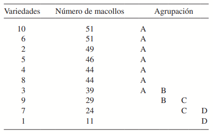 Tabla 8. Prueba de significación de Bonferroni para el número de macollos.