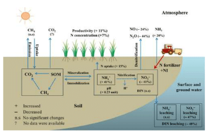 Figura 3. Cuantificación de los efectos del agregado de inhibidores de la nitrificación en el sistema suelo-cultivo. Fuente: Qiao et al. (2015)