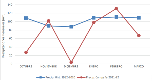 Gráfico 1: Precipitaciones mensuales campaña 2021/2022 y precipitaciones promedio mensuales históricas (1982-2020) en la localidad de San Antonio de Areco. Los datos meteorológicos de esta campaña se registraron con la estación Pegasus instalada por TECMES en la Unidad Demostrativa del INTA San Antonio de Areco.