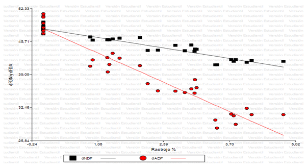 Figura 1. Relación entre el porcentaje de RaMa en la dieta y la digestibilidad de la FDN (dFDN % = 48.2 – 1.6 x % de rastrojo; R2 = 0.90) y la digestibilidad de la FDA (dFDN % = 48.2 – 4.45 x % de rastrojo; R2 = 0.91).