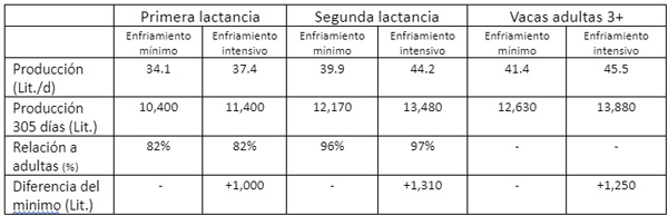 Los hallazgos presentados en las Figuras 1-5 se muestran en la Tabla 1, donde se presenta el rendimiento diario y anual por vaca, para vacas de diversas edades, así como el aumento en la producción de leche, como resultado del enfriamiento intensivo.