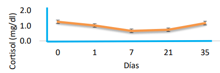 Figura 1. Cortisol (mg/dl) en sangre de novillitos durante el período de acostumbramiento con distintos niveles de confort.