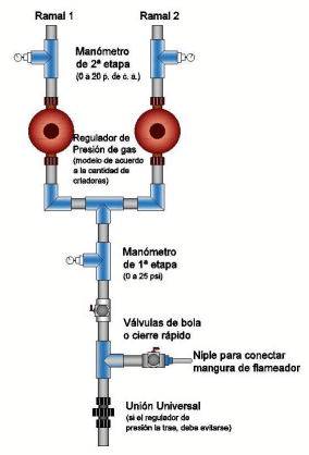 Fig. 3c. Manifold para 2 ramales con derivación para flameador 