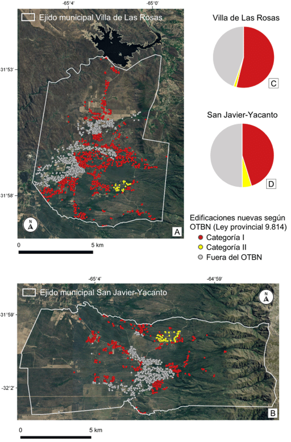 Fig. 5. Categorización de la urbanización en Villa de Las Rosas y San Javier-Yacanto en base al mapa de ordenamiento territorial de bosques nativos según la Ley Provincial 9814/10. A: Villa de Las Rosas para el período 2007-2021. B: San Javier-Yacanto para el período 2011-2021. C: Proporción de las edificaciones en las diferentes categorías de conservación para Villa de Las Rosas. D: Proporción de las edificaciones en las diferentes categorías de conservación para San Javier-Yacanto.