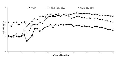Figura 2. Producción de leche (kg animal-1 day-1) de vacas Holstein-Friesian que consumen dietas completas (alfalfa-Maíz) complementadas con 10 or 20 g animal-1 day-1 de B8W durante 42 semanas de lactancia en condiciones de confinamiento.