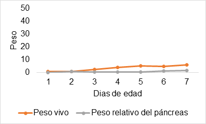 FIGURA 1. Desarrollo del peso vivo del lechón y peso del páncreas durante las primeras semanas de vida. Tomado de Souza (2011).