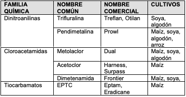 Cuadro 2. Familias químicas y principales herbicidas del grupo de los inhibidores del crecimiento de plántulas.