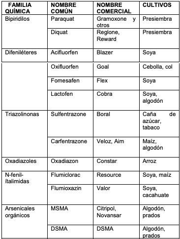 Cuadro 7. Familias químicas y principales herbicidas del grupo de los destructores de membranas celulares. 