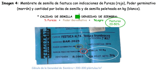 Imagen 4: Membrete de semilla de festuca con indicaciones de Pureza (rojo), Poder germinativo (marrón) y cantidad por bolsa de semilla y de semilla peleteada en kg (blanco).