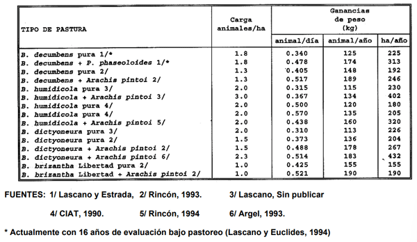 CUADRO 11. Ganancias de peso obtenidas experimentalmente en pasturas de braquiarias puras y asociadas con leguminosas en la sabana bien drenada de los Llanos Orientales de Colombia. 