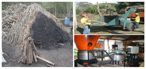 FIGURA 13. Pila para la elaboración de carbón vegetal, picado de la madera rameal para convertirla en aserrín y gasificador de la biomasa, para la elaboración de alquitrán, biocarbono y para la producción de gas de síntesis. FUENTE: Raúl Botero Botero, 2014.
