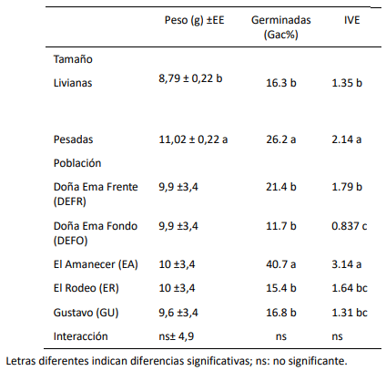 Tabla 1. Peso de semilla, porcentaje de germinación e IVE ±error estándar para cinco poblaciones espontáneas y dos categorías de tamaño de semilla de S. indicus, provenientes de estepas de halófitas de la Cuenca del Salado (provincia de Buenos Aires).