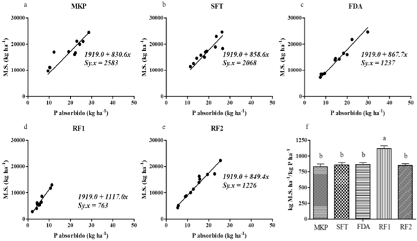 Figura 1. Relación entre producción de materia seca y absorción de fósforo y, eficiencia de utilización de P en maíz forrajero desde un experimento con distintas fuentes fosforadas de P: fosfato monopotásico (a), superfosfato triple (b), fosfato diamónico (c), roca fosfórica 1 (d) y roca fosfórica 2 (e) (n = 12; p < 0,0001).