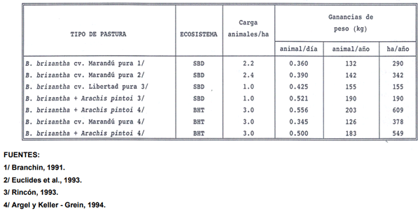 CUADRO 10. Ganancias de peso obtenidas experimentalmente en pasturas de B. brizantha pura y asociada con leguminosas en diversos ecosistemas de América Tropical.