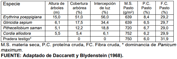 CUADRO 2. Intercepción de luz, producción y calidad de pasto a cielo abierto y bajo sombra de árboles leguminosos y no leguminosos.