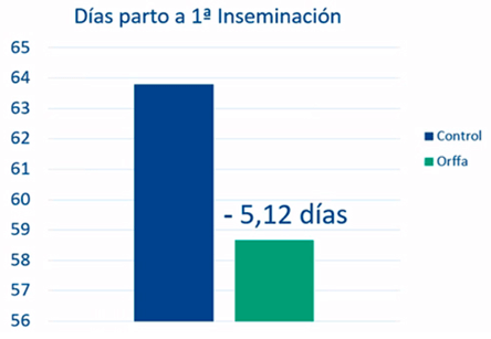 Figura 5. Efecto de los oligoelementos hidroxi (mezcla de Cu y Zn) y L-selenometionina sobre el rendimiento reproductivo sobre lo días abiertos.