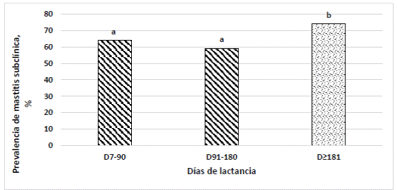 Figura 2 Efecto del número de los días en lactancia sobre la prevalencia de mastitis subclínica 