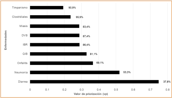 Figura 2 Priorización de enfermedades que afectan a los terneros Referencias: barras= valor de priorización (vp); porcentajes= coeficiente de variabilidad. QIB= Queratoconjuntivitis Infecciosa Bovina; DVB= Diarrea Viral Bovina; IBR= Rinotraqueitis Infecciosa Bovina.