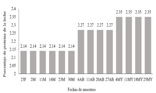Figura 7. Porcentaje de proteína de la leche según momento de muestreo.
